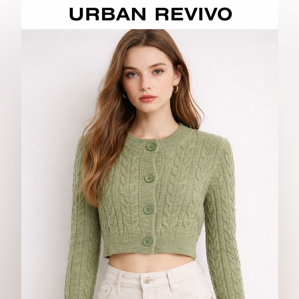 Urban Revivo Green Cropped Cable Knit Cardigan Sweater Wool Blend Size US 4